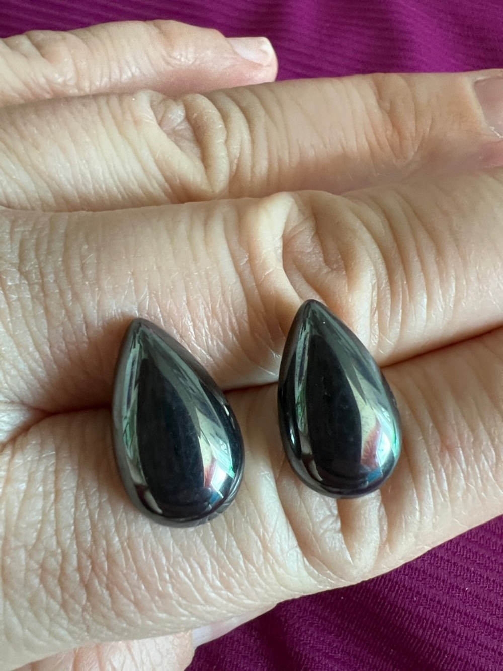 Teardrop Hematite Cabochon Pair - Deep Metallic Black